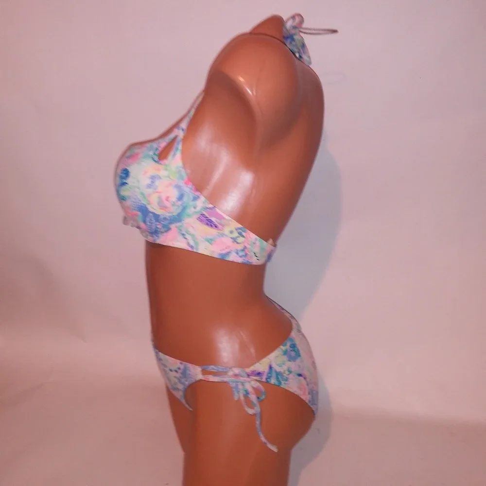 Victoria Secret Swim Bikini 32C Top Medium Bottom Push Up Blue Paisley Halter